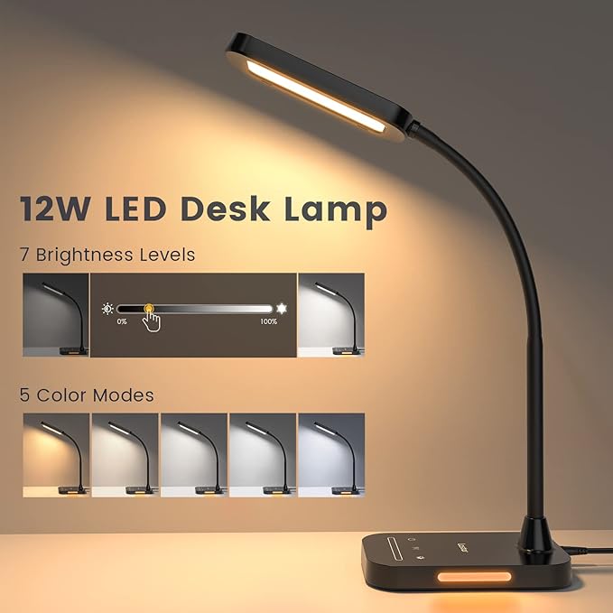 LASTAR LED Desk Lamp, 12W Flexible Gooseneck Table Lamp, Office Desk Light with Night Light, USB Port, Touch Control, 5 Color Temperatures & 7 Brightness Levels, Memory Function for Home Office