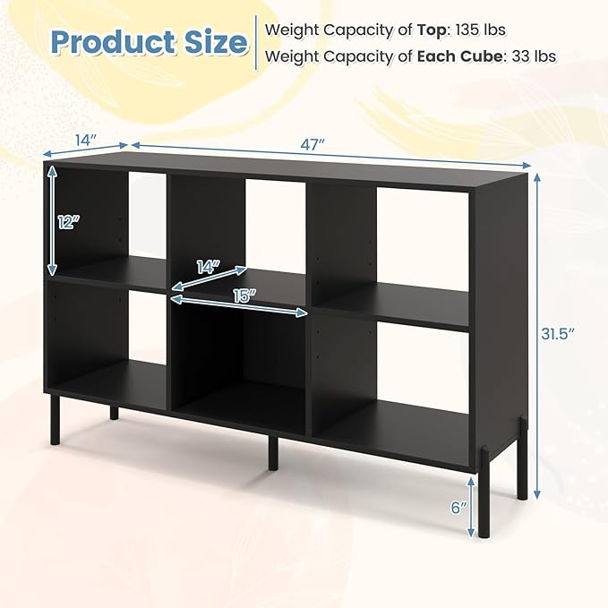 LOKO 6 Cube Bookcase, 3-Tier Floor Open Bookshelf with 5 Metal Legs, Cube Storage Organizer with Adjustable Shelves, Modern Display Shelving for Living Room, Study, Bedroom, Office (black)
