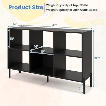 LOKO 6 Cube Bookcase, 3-Tier Floor Open Bookshelf with 5 Metal Legs, Cube Storage Organizer with Adjustable Shelves, Modern Display Shelving for Living Room, Study, Bedroom, Office (black)