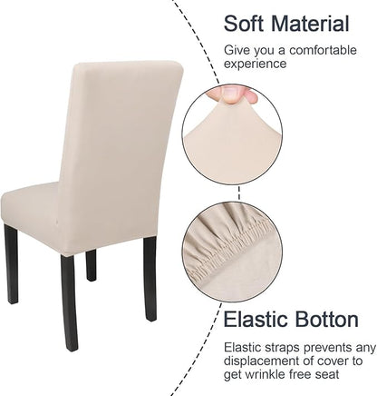 JQinHome 6 Pcs Dining Chair Slipcover,High Stretch Removable Washable Chair Seat Protector Cover for Home Party Hotel Wedding Ceremony (Beige White)