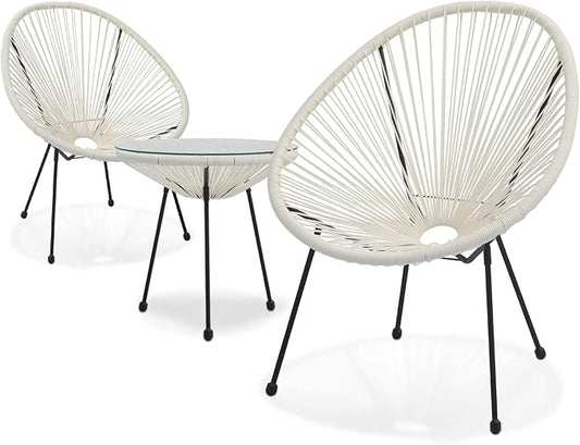 MoNiBloom 3 Piece Outdoor Acapulco Set All-Weather Patio Balcony Conversation Bistro Outside Set with Glass Top Table and 2 Chairs for Indoor Patio Lawn Garden, Weight Capacity 250 lbs, White