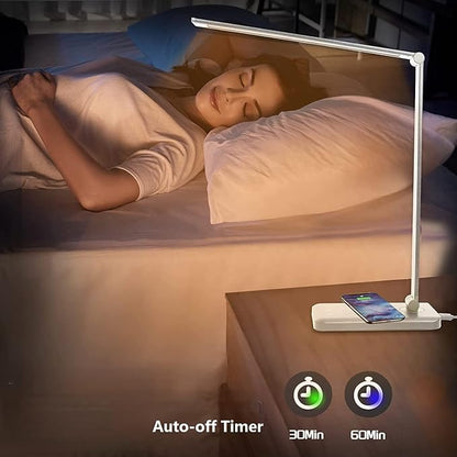 LED Desk Lamp Dimmable Table Lamp Reading Lamp with USB Charging Port, 5 Lighting Modes, Sensitive Control, 30/60 Minutes Auto-Off Timer, Eye-Caring Office Lamp (White)