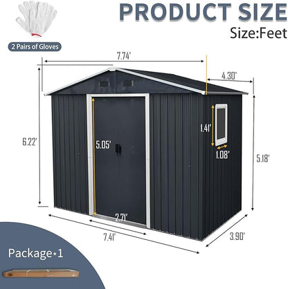 8x4 ft Outdoor Metal Storage Shed with Floor Foundation and Window, Lockable Galvanized Steel Tool Shed with Sliding Door and Air Vent, Waterproof Garden Storage House for Backyard, Patio
