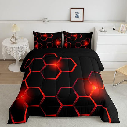 Honeycomb Kids Comforter Set Modern Geometry Hexagon Bedding Set for Boys Children Teens Bedroom Decor Geometrical Comforter Beehive Geometric Black Red Duvet Set Twin Size with 1 Pillow Case