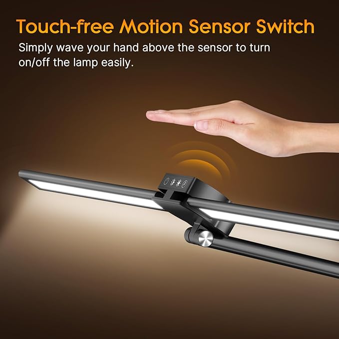 Syrinx Desk Lamp, Architect Desk Lamps for Home Office with Gesture Sensor Switch, 24W Bright Double Head Table Lamp with Clamp, Touch Control, Timer, 5 Dimming and 3 Tempering LED Desk Light