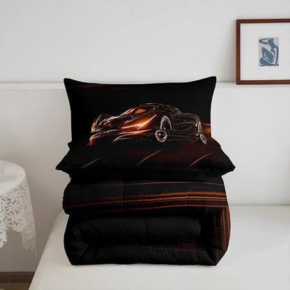 Feelyou Orange Race Car Bedding Set Twin Size for Kids Boys Extreme Sport Games Comforter Set Teens Toddler Fast and Furious Duvet Set Cool Modern Quilt Set 2Pcs