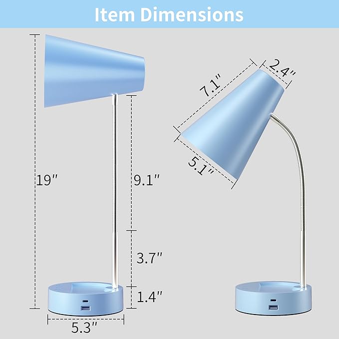 RUNTOP Metal Desk Lamp, Eye-Caring Table Lamp, Study Lamps with Flexible Goose Neck for Bedroom and Office, Desk lamp with USB, 5 Color Temperatures, 5 Brightness Levels (Blue)