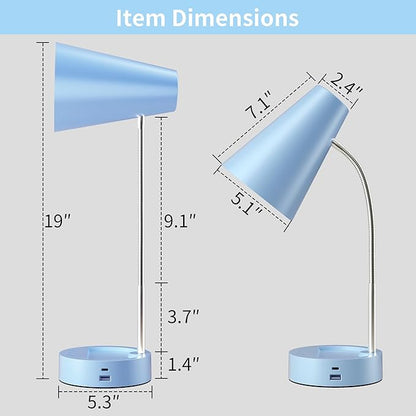 RUNTOP Metal Desk Lamp, Eye-Caring Table Lamp, Study Lamps with Flexible Goose Neck for Bedroom and Office, Desk lamp with USB, 5 Color Temperatures, 5 Brightness Levels (Blue)