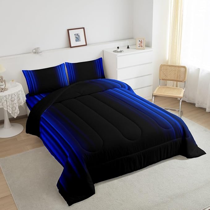 Geometric Abstract Ombre Comforter Set Kids Teens Dark Blue and Black Striped Bedding Bed Set Decor Modern Fashion Comforter Inner Fill Bedroom Collection 3Pcs King Size