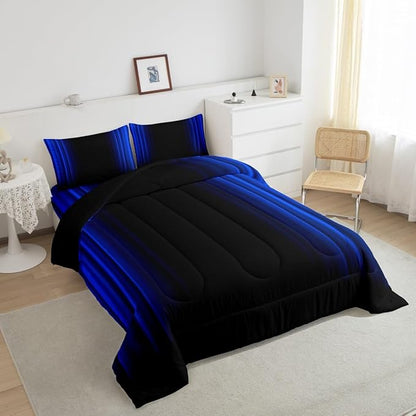 Geometric Abstract Ombre Comforter Set Kids Teens Dark Blue and Black Striped Bedding Bed Set Decor Modern Fashion Comforter Inner Fill Bedroom Collection 3Pcs Queen Size