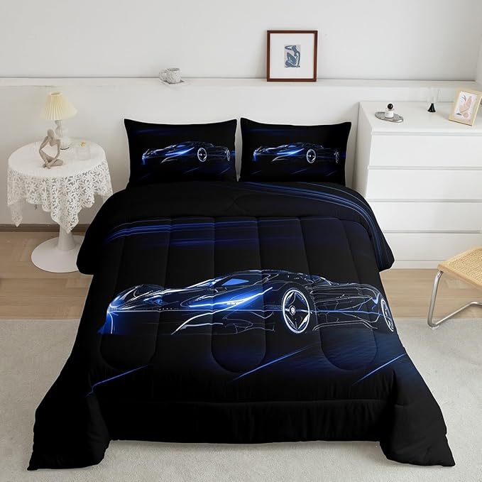 Feelyou Blue Race Car Bedding Set Queen Size for Kids Boys Extreme Sport Games Comforter Set Teens Toddler Fast and Furious Duvet Set Cool Modern Quilt Set 3Pcs