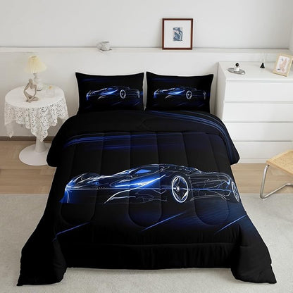 Feelyou Blue Race Car Bedding Set Twin Size for Kids Boys Extreme Sport Games Comforter Set Teens Toddler Fast and Furious Duvet Set Cool Modern Quilt Set 2Pcs