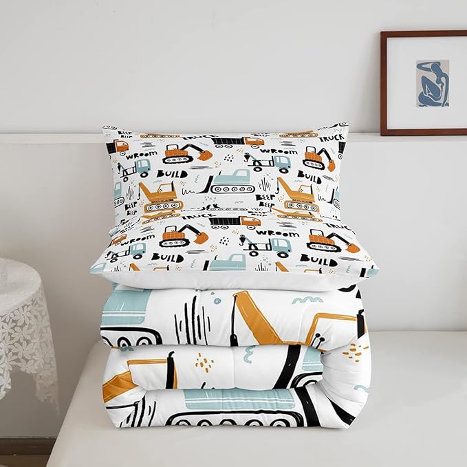 Feelyou Kids Cartoon Excavator Bedding Set Boys Vehicles Truck Car Comforter Child Cute Building Equipment Comforter Set Funny Construction Transport Duvet Set Colorful Room Decor Twin Size Boys