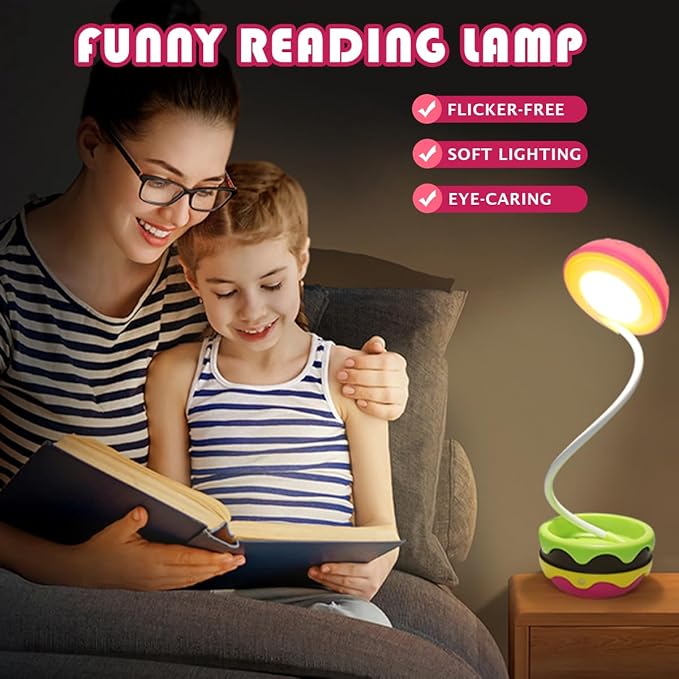 Cute Desk Lamp for Kids, Hamburger Girls Small Desk Lamps Rechargeable with Dimmable Touch Adjustable Neck, Kawaii Desk Lamp Night Lights,Girl Desk Accessories Kawaii Room Decor for Kid Gifts