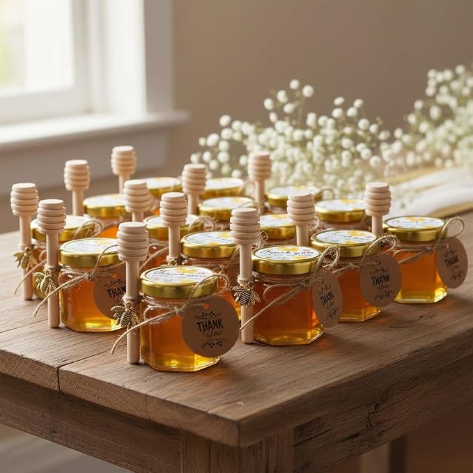 Adabocute Mini Honey Jars - Hexagon Little Glass Honey Jar with Gold Lids, Wooden Dippers, Bee Charms and Jutes - Small Honey Jars for Baby Showers, 20Pack