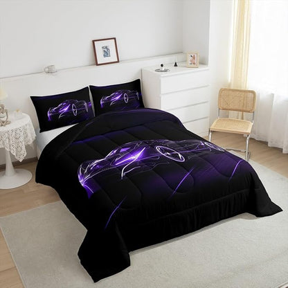 Feelyou Dull Purple Race Car Bedding Set Full Size for Kids Boys Extreme Sport Games Comforter Set Teens Toddler Fast and Furious Duvet Set Cool Modern Quilt Set 3Pcs