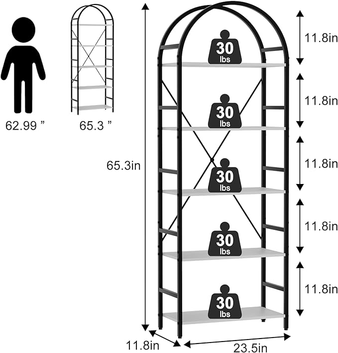5-Tier Bookshelf, 24 Inch Width Industrial Arched Bookcase, Vintage Storage Rack with Open Shelves, Free Standing Shelf for Home Office, Living Room,Bedroom, Black & White