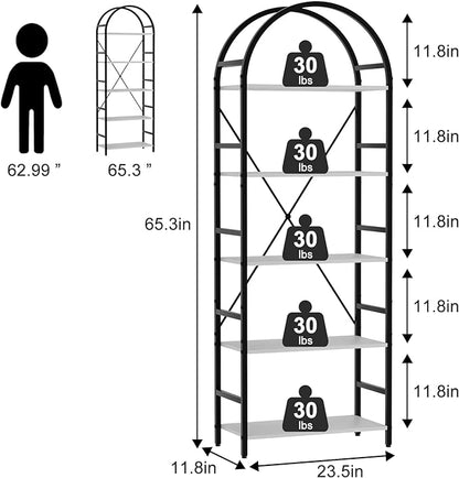 5-Tier Bookshelf, 24 Inch Width Industrial Arched Bookcase, Vintage Storage Rack with Open Shelves, Free Standing Shelf for Home Office, Living Room,Bedroom, Black & White