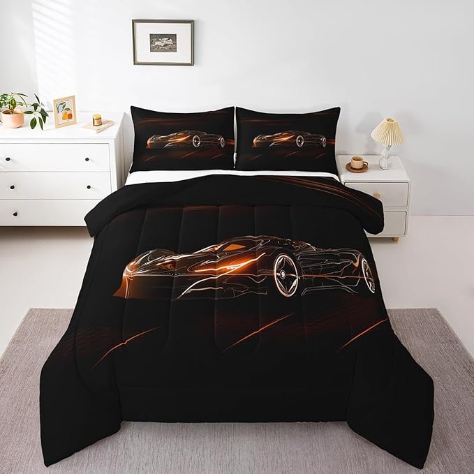 Feelyou Orange Race Car Bedding Set Twin Size for Kids Boys Extreme Sport Games Comforter Set Teens Toddler Fast and Furious Duvet Set Cool Modern Quilt Set 2Pcs