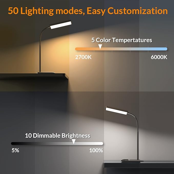 LEPOWER Desk Lamp, 800LM LED Desk Lamp for Home Office, 12W Reading Lamp for Desk, Eye-Caring Light, Touch Table Lamp, Gooseneck Lamp, 50 Lighting Modes, Bright Desk Lamps for Bedroom, Study (Black)