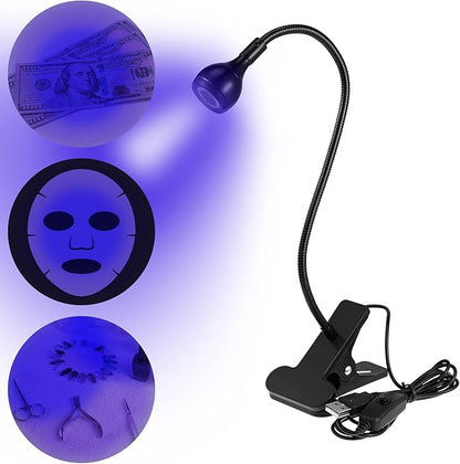 Big Chip 395nm UV LED Light Fixtures with Gooseneck and Clamp Mini Desk Light Clamp Portable Gooseneck for Outdoor Stall Gel Nail Curing, 5V USB Input(Black,1 Piece)
