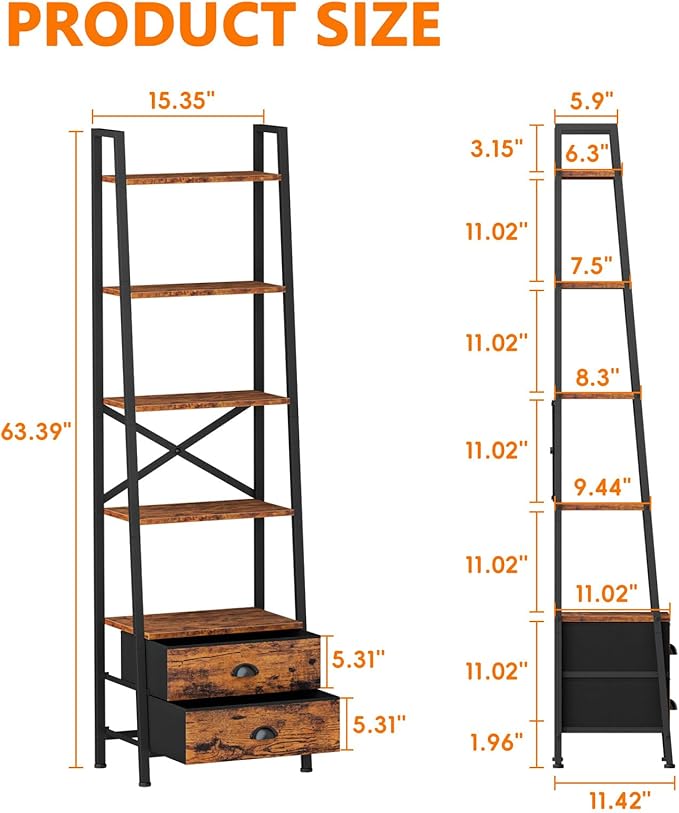 Furologee 5-Tier Ladder Shelf with 2 Drawers,Narrow Bookshelf Storage Shelves,Industrial Bookcase Freestanding Shelf Units for Bedroom,Living Room,Bathroom,Home Office,Balcony,Wood Metal,Rustic Brown