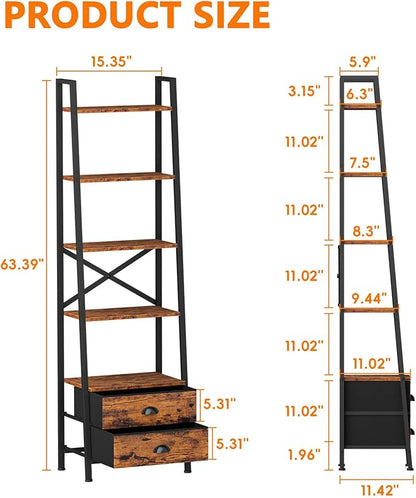 Furologee 5-Tier Ladder Shelf with 2 Drawers,Narrow Bookshelf Storage Shelves,Industrial Bookcase Freestanding Shelf Units for Bedroom,Living Room,Bathroom,Home Office,Balcony,Wood Metal,Rustic Brown