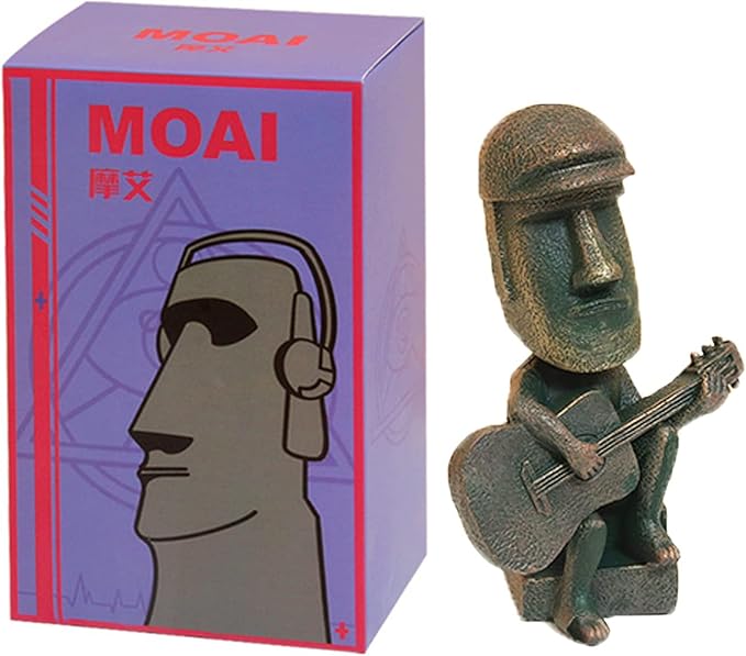Moai Statue Decor - 6 Inch Easter Island Oranment Resin Stone Decoration for Room Accessories Antique Sculpture for Office Desktop (Play The Guitar)