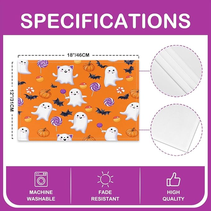 Feelyou Happy Halloween Placemats Set of 4 Cute Ghost Pumpkin Table Mats for Party Kitchen Dining Decoration Holiday Seasonal Orange White Purple Place Mat for Dinner Table Indoor Outdoor 18"x12" Bats