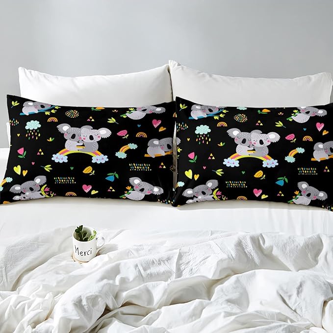 Erosebridal Koala Comforter Set, Kids Rainbow Bedding Set Twin Size Flower Love Heart Duvet Sets for Girls Boys Children Cute Animal Cartoon Down Comforter 2 Pieces with 1 Pillow Case, Black