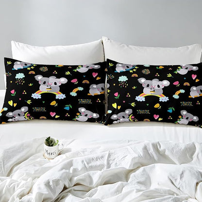 Erosebridal Koala Comforter Set, Kids Rainbow Bedding Set Twin Size Flower Love Heart Duvet Sets for Girls Boys Children Cute Animal Cartoon Down Comforter 2 Pieces with 1 Pillow Case, Black