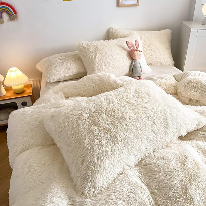 Faux Fur Kids Girls Milky White Comforter Sets King - 3PC Bed Set Warm Comfortable Soft Plush Flannel Velvet Fluffy Fuzzy Bedding（Comforter x 1 Pillowcases x 2）