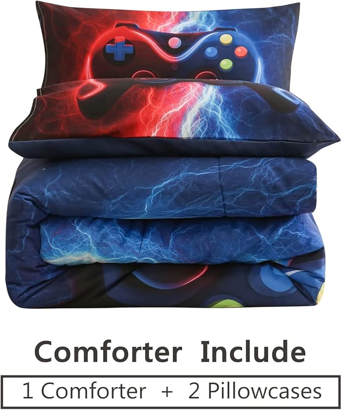 Meeting Story Gamer Gaming Bedding Sets Red-Blue Lightnings Gamepad Comforter Set for Boys Games Console Action Buttons Novelty Colorful Modern Room Decor Home Quilt Set (Red-Blue, Full)