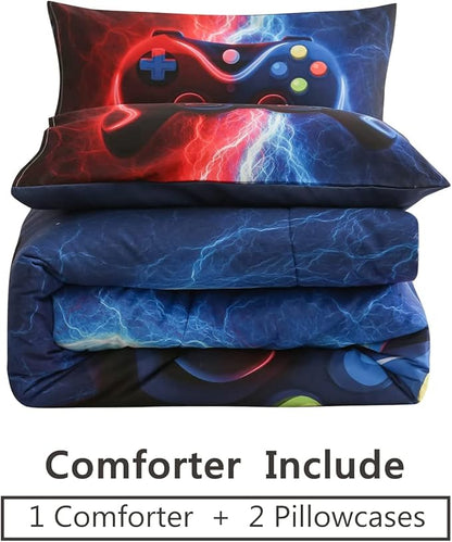 Meeting Story Gamer Gaming Bedding Sets Red-Blue Lightnings Gamepad Comforter Set for Boys Games Console Action Buttons Novelty Colorful Modern Room Decor Home Quilt Set (Red-Blue, Full)