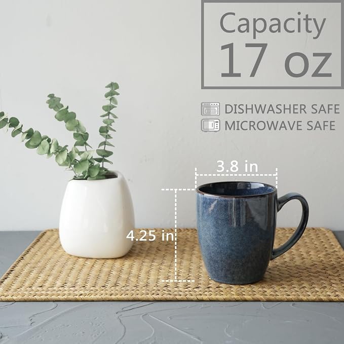 Bosmarlin Ceramic Coffee Mug Set of 4, 17 Oz, Coffee Cups with Big Handle, Microwave Safe, Unique Reactive Glaze (Deep Blue, 17 Oz)