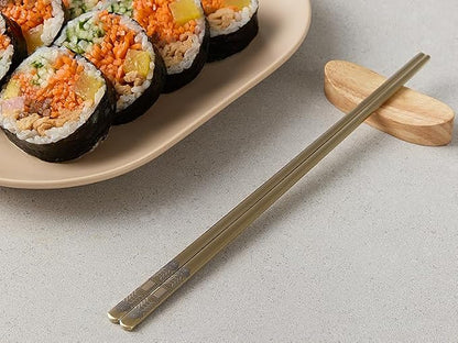 Korean Metal Chopsticks 2 Pairs, Matte Gold Stainless Steel Chopsticks with Two-Tone Dancheong Laser Engraving, Reusable Dishwasher Safe Gift Set