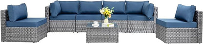 Shintenchi 7 Pieces Outdoor Patio Sectional Sofa Couch, Silver Gray PE Wicker Furniture Conversation Sets with Washable Cushions & Glass Coffee Table for Garden, Poolside, Backyard (Aegean Blue)