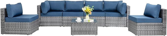 Shintenchi 7 Pieces Outdoor Patio Sectional Sofa Couch, Silver Gray PE Wicker Furniture Conversation Sets with Washable Cushions & Glass Coffee Table for Garden, Poolside, Backyard (Aegean Blue)