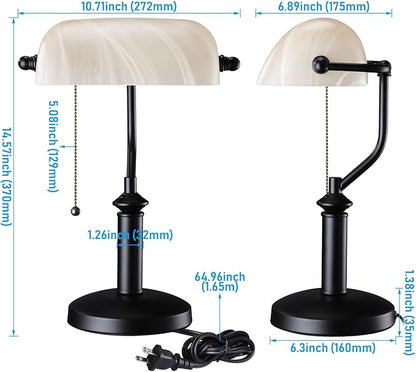 TORCHSTAR Pale Yellow Glass Bankers Desk Lamp, UL Listed, Antique Desk Lamps with Uniquely Textured, Traditional Library Lamp with Pull Chain, E26 Base, Desk Lamp for Office, Study Room