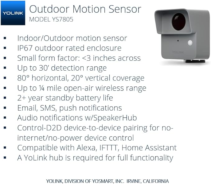 YoLink LoRa Smart Outdoor Motion Sensor, Driveway Alert, Property Invasion/Tresspassing Detector, 1/4 Mile Open Air Range, Email/SMS/Push Alerts, Alexa, IFTTT, Home Assistant (Hub Included!)