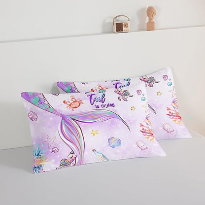 HOSIMA Kids Mermaid Comforter Set with 2 Pillowcases,Watercolor Ocean Life Sea Animal Mermaid Tail Pattern Bedding Set,Light Purpl Comforter for Teens Girls Women Bedroom Twin Bed in a Bag.
