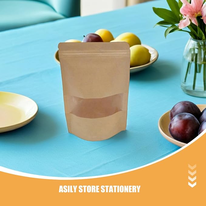 50pcs Kraft Paper Self-sealing Bags with Window Resealable Food Bags for Bread Cheese Packaging and Pantry Organizing