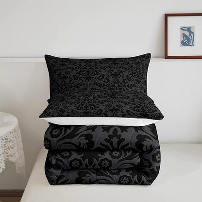 Erosebridal Adults Black Damask Bedding Set Antique Victorian Baroque Down Comforter Full Gothic Vintage Floral Comforter Set Bohemian Exotic Bedding Quilted Bedroom Decor 2 Pillow Cases