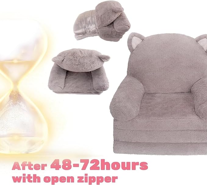 Kids Couch Fold Out Soft Toddler Chairs,Toddler Armrest Chair Bed for Play,Gift for 0-3 Years,Grey Kitty