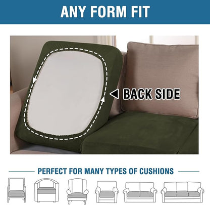 H.VERSAILTEX Velvet Stretch Couch Cushion Cover Plush Cushion Slipcover for Chair Loveseat Sofa Cushion Furniture Protector Seat Cushion Sofa Cover (3 Piece XL Sofa Cushion Covers, Olive)
