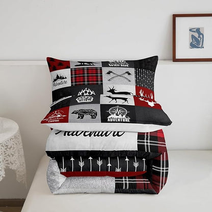 Deer Antler Bear Kids Comforter Set Twin Size,Plaids Boho Arrows Patchwork Bedding Set for Boys Girls Adults Room Decor,Rustic Adventure Camper Down Comforter,Red Xmas Duvet Insert,1 Pillowcase