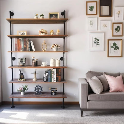 6 Tier Industrial Ladder Pipe Shelf, Wall Mounted Wood Metal Bookshelf for Living Room Storage (Weathered Brown, 10" D x 48" W x 82.5" H)