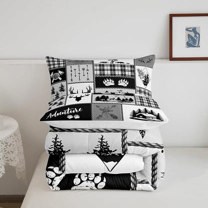 Deer Bear Comforter Set Queen Size,Pine Trees Christmas Bedding Set for Kids Boys Girls Adults Room Decor,Camping Adventure Rustic Farmhouse Down Comforter,Black Retro Duvet Insert,2 Pillowcases