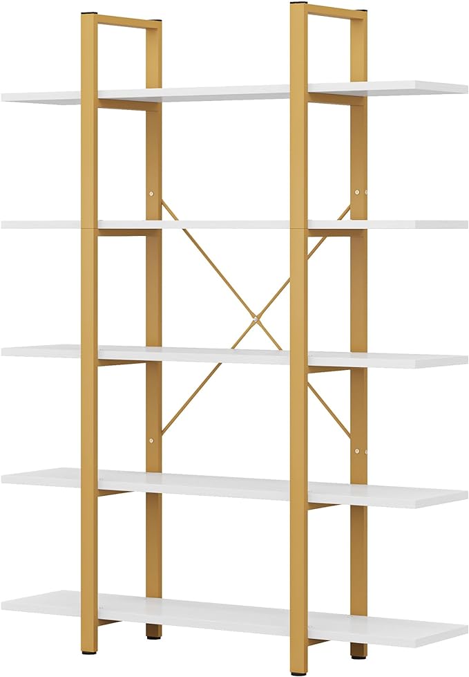 Tribesigns 5-Tier Bookshelf, Vintage Industrial Style Bookcase 70 ‘’ H x 12’’ W x 47’’L, Gold