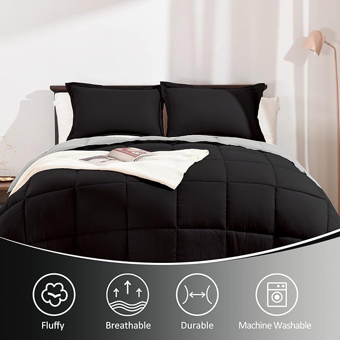 Basic Beyond Twin Comforter Set for Girls and Boys - Fluffy Twin Bed Comforter Set for All Seasons - Reversible Black and Grey Twin Comforter Set - 2 Pieces (1 Comforter + 1 Pillow Sham)